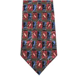 Vtg BRIONI Red blue gold square 100% Silk Mens Luxury Designer Tie‎ 3.5" retro
